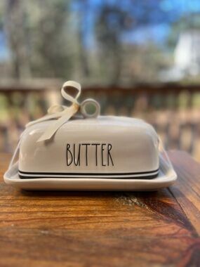 RAE DUNN White and Black Stripe Covered Ceramic Butter Dish NWT NEW